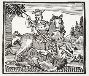A vida e a morte de St George, o campeão nobre de Inglaterra, ilustração dos Chap-livros do século XVIII por John Ashton, bar. 1882 de English School