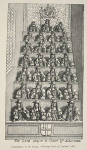 O prefeito e corte de vereadores, frontispício de De Launes Angliae Metropolis, 1681 de English School