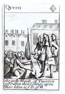 As Donzelas de Taunton Ajoelhando-se diante do Duque de Monmouth, 18 de junho de 1685, Rainha de Diamantes jogando cartas de um conjunto comemorativo Monmouths Rebellion de English School