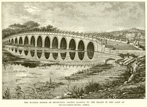 A ponte de mármore de dezassete arcos que conduz à ilha no lago de Onane-Cheon-Chane, China (gravura) de English School