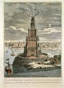 Torre de vigia ou farol de mármore erigida por Ptolomeu Sóter na ilha de Pharos, perto do porto de Alexandria (gravura a cores) de English School