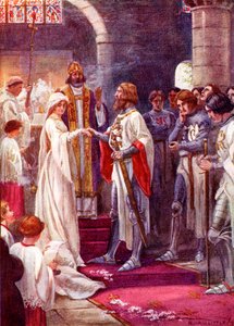 O casamento do rei Artur e Guinevere. Ilustração a cores do livro The Gateway to Tennyson, publicado em 1910. de English School