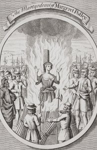 O martírio de Margeret Polley em Tunbridge, de "The Burning of the Martyrs", publicado em 1741 (litografia) de English School
