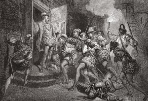 O Massacre de São Bartolomeu: ataque aos alojamentos de Colignys, ilustração de The History of Protestantism por James Aitken Wylie (1808-1890), pub. 1878 de English School