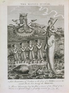 O Avatar Matsya, ou a Primeira Encarnação de Vishnu na Forma de um Peixe para Recuperar os Livros Sagrados Perdidos Durante o Dilúvio, gravados por Barlow de English School
