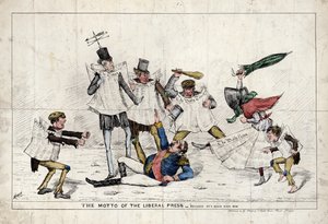 O lema da imprensa liberal, mostrando Napoleão III sendo agredido pela imprensa britânica de English School