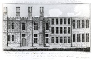 A fachada norte da mansão em Chelsea construída pelo rei Henrique VIII, gravada por J. Barlow, uma ilustração em uma descrição histórica e topográfica de Chelsea e seus arredores por Thomas Faulkner, de English School