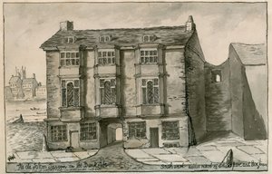 The Old Falcon Tavern no lado do banco, como apareceu no ano de 1805 de English School