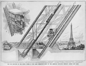 O Elevador Otis na Torre Eiffel, construído pela empresa americana Elevator, Paris e Londres, 1889 (gravura de English School