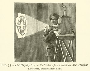 O Caleidoscópio de Oxi-hidrogênio como feito pelo Sr. Darker (gravura) de English School