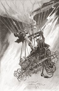 Os Perigos do Balonismo de Ar Quente. Um balão em dificuldades e prestes a cair. Da The Strand Magazine, publicado em 1896 (litho) de English School