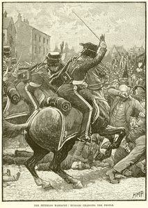 O massacre de Peterloo: hussardos cobrando as pessoas de English School