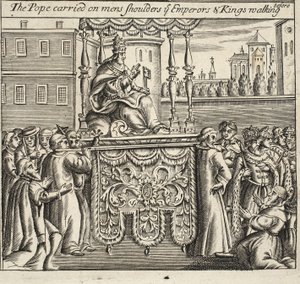 O papa carregava ombros masculinos, imperadores e reis que andavam, ilustração de Atos e Monumentos de John Foxe, nona edição, pub. 1684 de English School