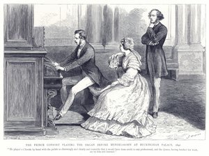O Príncipe Consorte tocando o órgão antes de Mendelssohn no Palácio de Buckingham, 1842 de English School