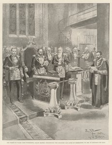 O Príncipe de Gales, Grão-Mestre Muito Venerável, constituindo a Chancery Bar Lodge of Freemasons, No 2456, no Lincoln