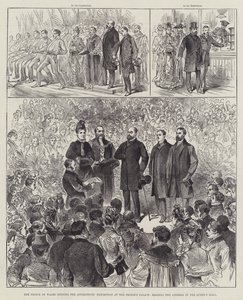 O Príncipe de Gales abre a Exposição dos Aprendizes no Palácio do Povo, lendo o Discurso na Sala da Rainha (gravura) de English School