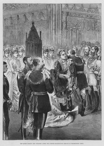 A Rainha beijando seus filhos após o Serviço de Ação de Graças do Jubileu na Abadia de Westminster (gravura) de English School