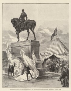 A Rainha desvelando a Estátua Equestre do Príncipe Consorte (Memorial do Jubileu da Mulher) em Windsor Park (gravura) de English School