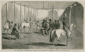 A rainha vendo os cavalos árabes apresentados a sua Majestade, na casa de equitação em Pimlico de English School