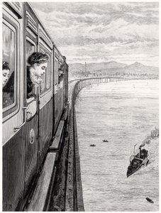 O Retorno da Rainha das Terras Altas; Sua Majestade cruzando a Ponte Tay, Dundee de English School