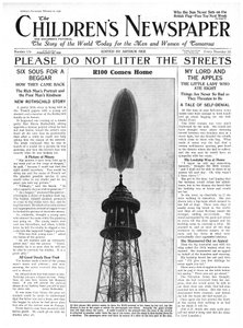 O R100 Airship Comes Home, primeira página do &39;The Children&39;s Newspaper&39;, fevereiro de 1930 (papel de jornal) de English School