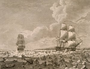 O cavalo de corrida e carcaça forçando através do gelo, 10 de agosto de 1773, de uma viagem para o Polo Norte realizado por seu comando de majestades de 1773, publicado em Londres 1774 de English School