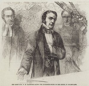 O Honorável Honorável W E Gladstone que coloca a Pedra Fundamental da Escola em Golden-Lane (gravura) de English School