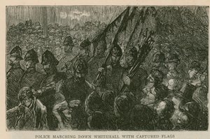 The Riot in Trafalgar Square: Polícia marchando em Whitehall com bandeiras capturadas de English School