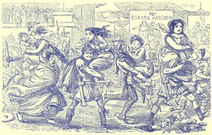 Os Romanos Andando com as Mulheres Sabinas, ilustração da História em Quadrinhos de Roma por Gilbert Abbott um Beckett, publicado em 1850 (imagem digital melhorada) de English School