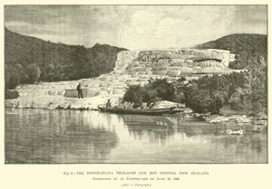 Os terraços e fontes termais de Rotomahana, Nova Zelândia, destruídos por um terremoto em 10 de junho de 1886 de English School