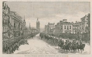 A procissão real retornando da Abadia de Westminster até Whitehall de English School