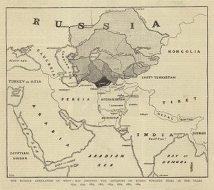 A anexação russa de Merv, mapa mostrando os avanços da Rússia para a Índia nos anos 1734, 1836, 1863, 1867, 1874, 1876, 1881, 1884 de English School