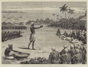 Os Príncipes Marinheiros nas Ilhas Fiji, Incantação da Yangona, ou Kava Bowl (gravura) de English School