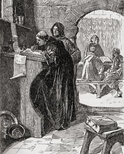 O Scriptorium de um Mosteiro, do livro A Igreja da Inglaterra: Uma História para o Povo, publicado em 1910 de English School