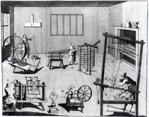 A segunda placa da manufatura de lã exibindo a arte de girar, enrolando, entortando e tecendo o pano de lã, gravado para &39;The Universal Magazine&39;, 1749 de English School