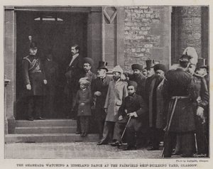 O Shahzada a ver uma Dança Highland no Fairfield Ship-Building Yard, Glasgow (gravura) de English School