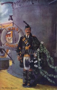 O músico dos navios, tocador de gaita de foles (litografia a cores) de English School