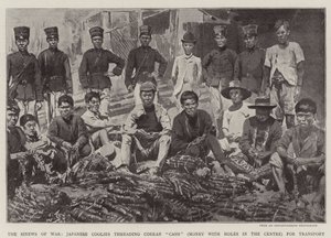 Os Sinews of War, os Coolies japoneses a lançar o Corean "Cash" (dinheiro com buracos no centro) para o transporte (litho) de English School