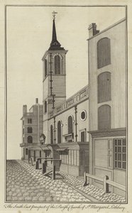 A perspectiva do sudeste da igreja paroquial de St Margaret Lothbury, Londres de English School