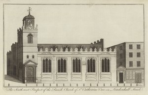 A perspectiva do sudoeste da Igreja Paroquial de Santa Catarina Cree em Leadenhall Street, Londres