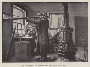 A Guerra Hispano-Americana, a Estação de Sinalização dos Estados Unidos em Sandy Hook (litho) de English School