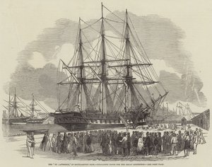 O "St Lawrence", em Southampton Dock, descarregando mercadorias para a Grande Exposição (gravura) de English School