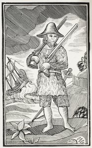 A vida surpreendente e as aventuras as mais estranhas de Robinson Crusoe da cidade de York, navegador, ilustração dos Chapu-livros do século XVIII por John Ashton, bar. 1882 de English School