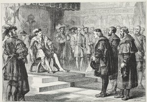 Os três embaixadores protestantes antes do imperador Charles, ilustração da história do protestantismo por James Aitken Wylie (1808-1890), bar. 1878 de English School