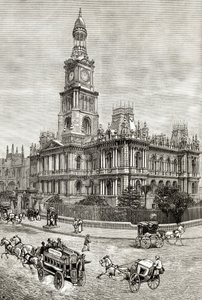 The Town Hall, Sidney, c.1880, de &39;Australian Pictures&39;, de Howard Willoughby, publicado pela Religious Tract Society, Londres, 1886 de English School