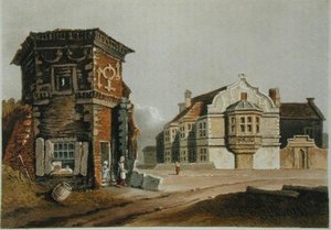 A Casa do Tratado, Uxbridge, do "Repositório de Artes" de Ackermann, publicado no início do século XIX (cor litho) de English School