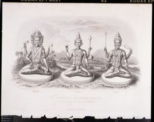 Trimurti ou Trindade Hindu, gravada por A. Thorn, de World Religion, publicado por A. Fullarton & Co. de English School