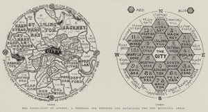 The Unification of London, a Proposal for Defining and Equalising the New Municipal Areas (gravura) de English School