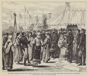 A Guerra, Roumans dançando a "Hora" diante do Grão-Duque Nicholas e do Príncipe e Princesa de Roumania (gravura) de English School