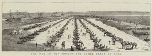 A Guerra no Soudan, o Depósito de Camelos no Suez (gravura) de English School